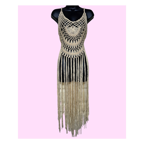 New Small Khaki‎ Beige Knit Fringe Crochet Swimsuit Cover Up Maxi Dress Beach - Picture 2 of 5